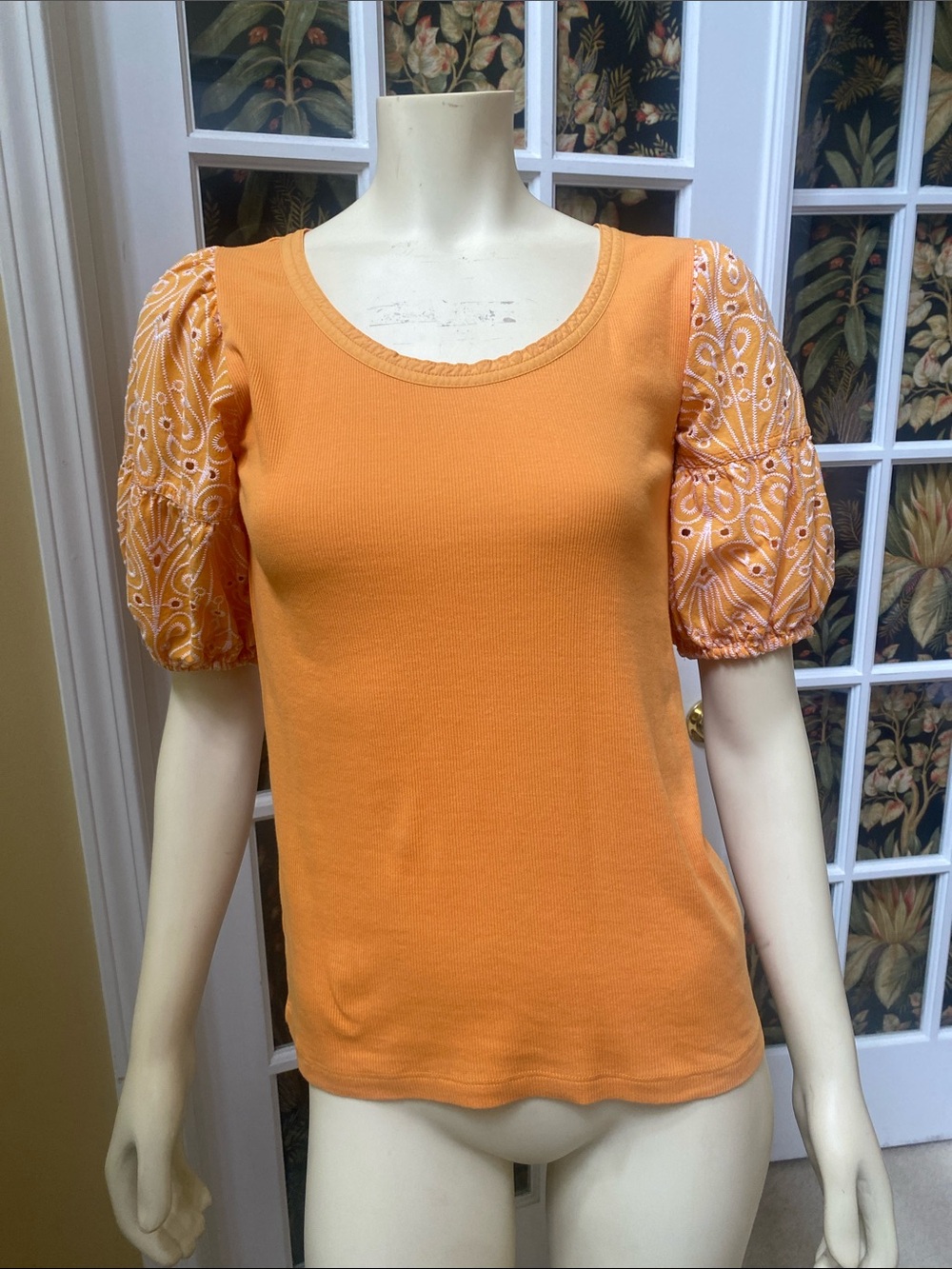 LOFT women's M Orange mixed media rubbed knit puffy embroidered short sleeve top